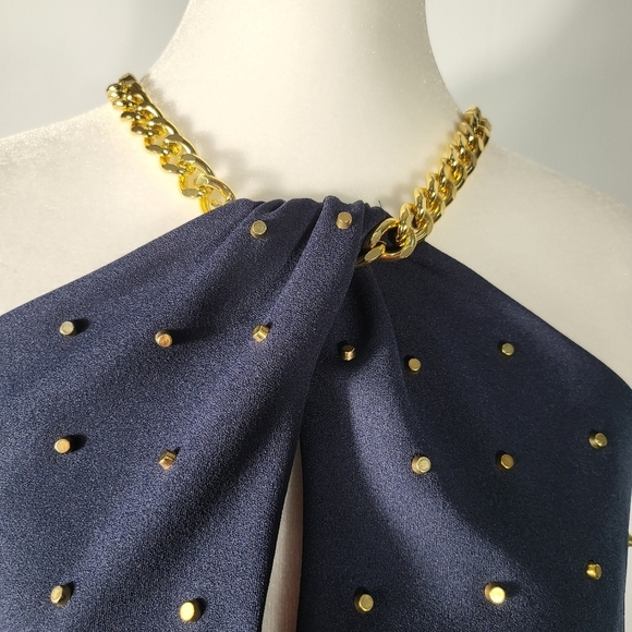 Michael Kors Stud Chain- Neck Mini Dress Navy Dress with Gold Studs - Picture 7 of 10